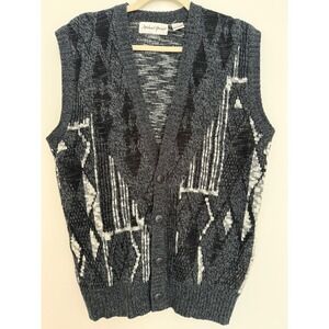 Vintage 90s Michael Gerald‎ Sweater Vest L Black Gray Pattern Knit Y2K